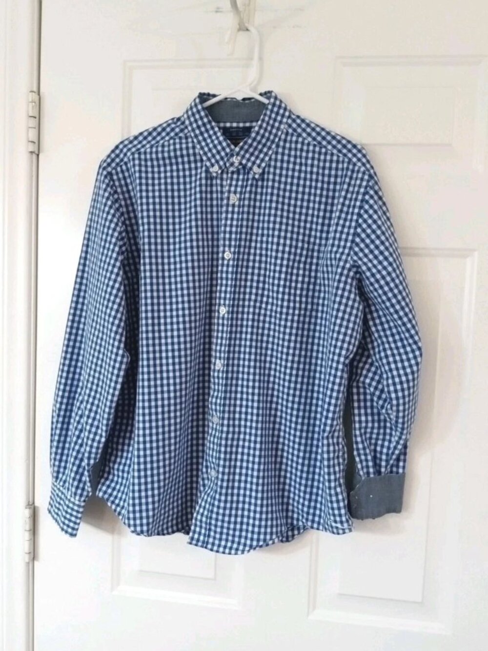 Mason James Stretch Button-Up Shirt Men's Large Blue White Check Plaid Flip Cuff